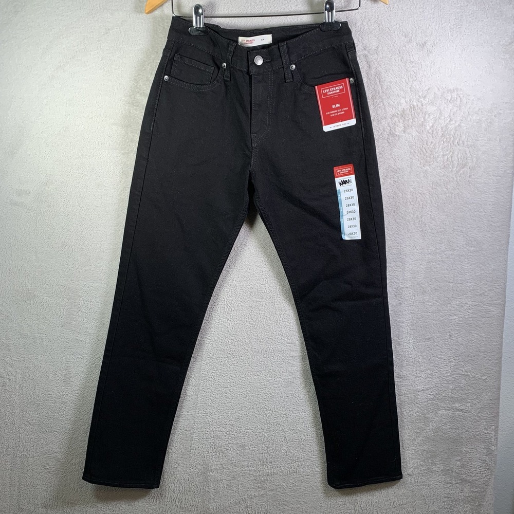 Signature Levi Strauss Slim Jeans Womens 28x30 Black Dark Wash Stretch Zip NEW